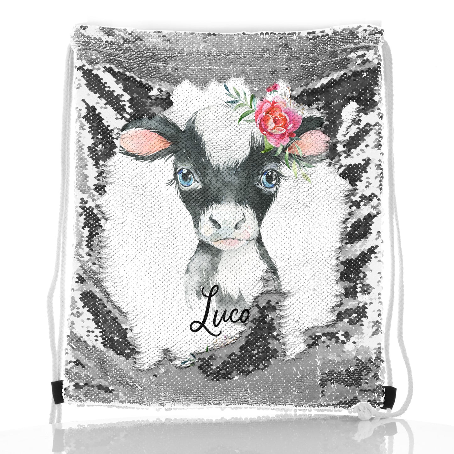 Personalised Sequin Drawstring Backpack with Black and White Cow Pink Rose Flowers and Cute Text