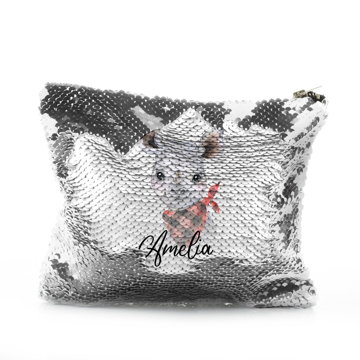 Personalised Sequin Zip Bag with Rhino Red and Black Check Neck and Cute Text