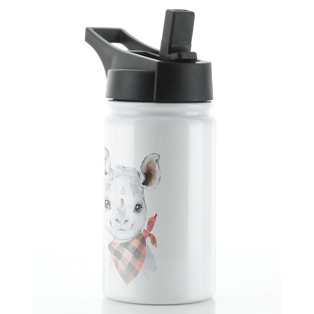 Personalised Rhino Red Check and Name White Sports Flask