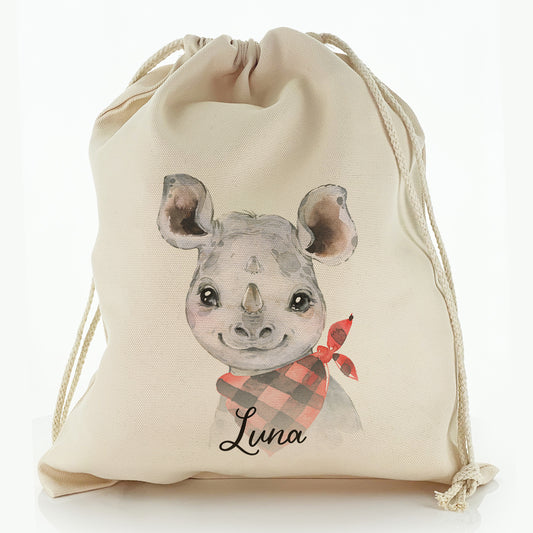 Personalised Canvas Sack with Rhino Red and Black Check Neck and Cute Text