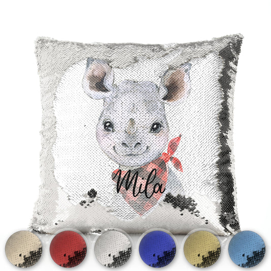 Personalised Sequin Cushion with Rhino Red and Black Check Neck and Cute Text