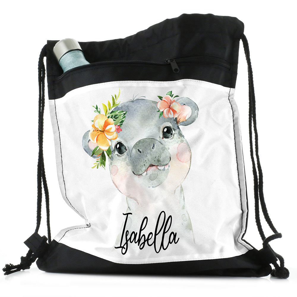 Personalised Hippo Peach Flowers and Name Black Drawstring Backpack