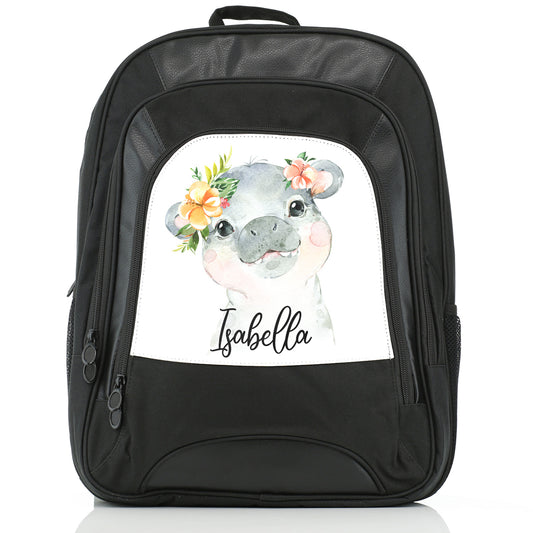 Personalised Large Multifunction Backpack with Hippo Peach Flowers and Cute Text