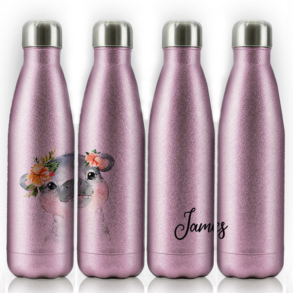 Personalised Hippo Peach Flowers and Name Cola Bottle