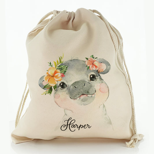 Personalised Canvas Sack with Hippo Peach Flowers and Cute Text