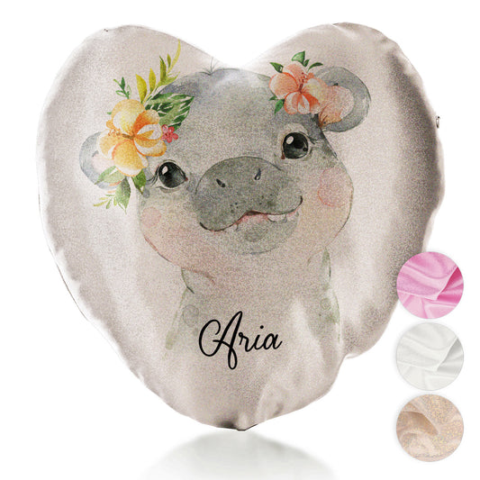 Personalised Glitter Heart Cushion with Hippo Peach Flowers and Cute Text