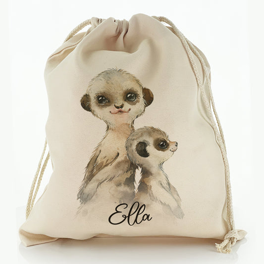 Personalised Canvas Sack with Meerkat Baby and Adult and Cute Text