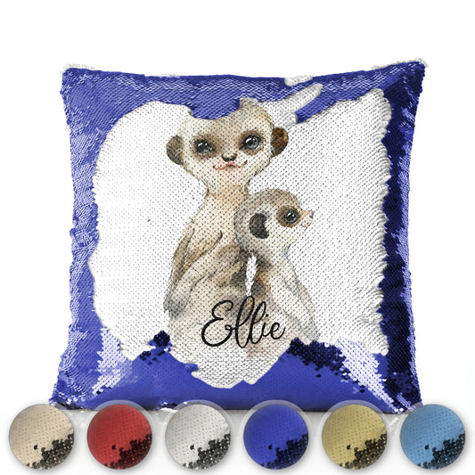 Personalised Sequin Cushion with Meerkat Baby and Adult and Cute Text
