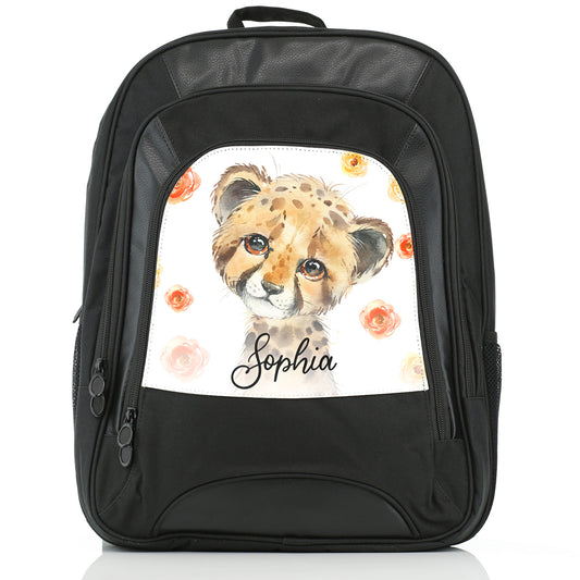 Personalised Large Multifunction Backpack with Spotty Leopard Cat Red and Yellow Flowers and Cute Text