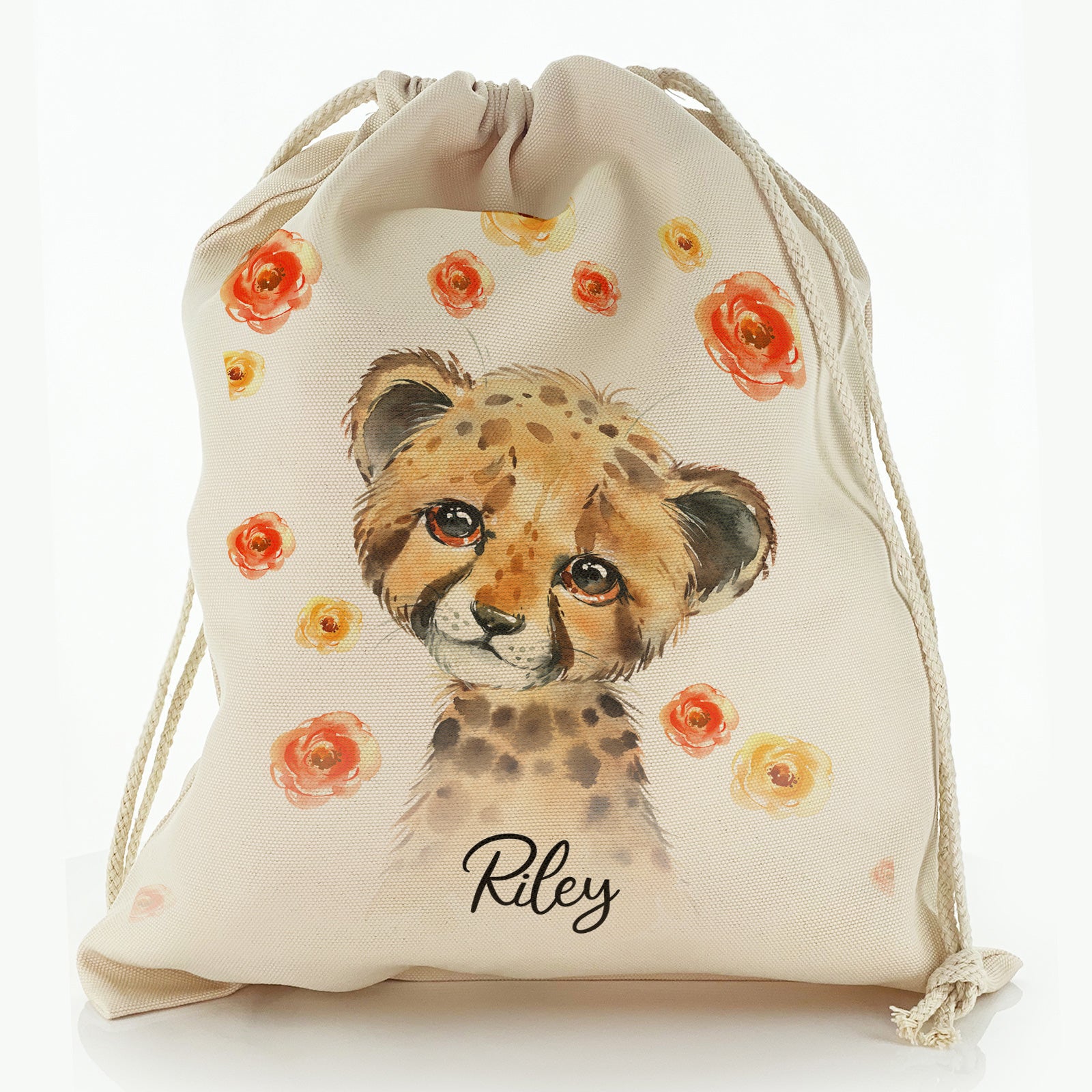 Personalised Canvas Sack with Spotty Leopard Cat Red and Yellow Flowers and Cute Text