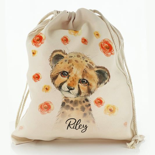 Personalised Canvas Sack with Spotty Leopard Cat Red and Yellow Flowers and Cute Text