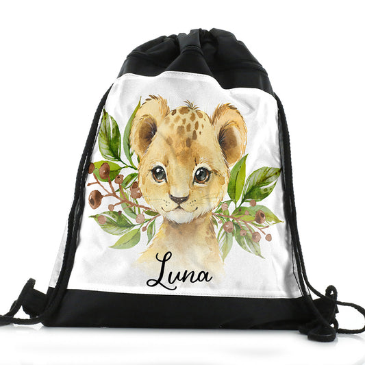 Personalised Lion Olive Branch and Name Black Drawstring Backpack