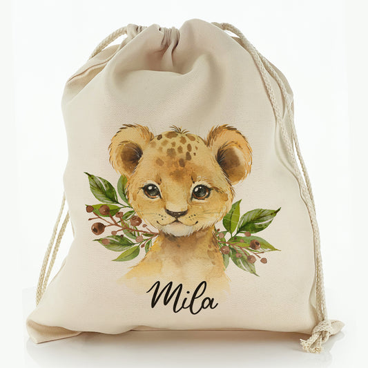 Personalised Canvas Sack with Lion Cub Olive Branch and Cute Text