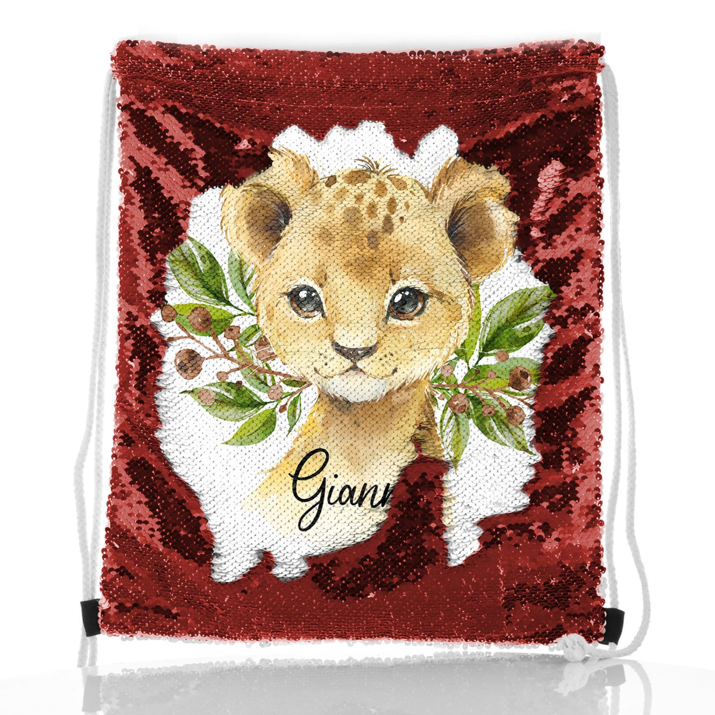 Personalised Sequin Drawstring Backpack with Lion Cub Olive Branch and Cute Text