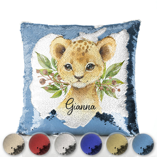 Personalised Sequin Cushion with Lion Cub Olive Branch and Cute Text