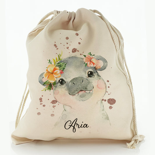Personalised Canvas Sack with Hippo Rain Drop Glitter Print and Cute Text