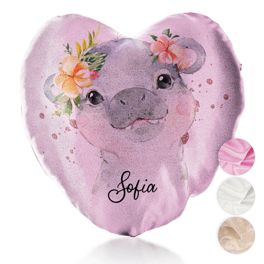 Personalised Glitter Heart Cushion with Hippo Rain Drop Glitter Print and Cute Text