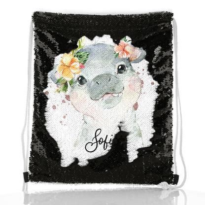 Personalised Sequin Drawstring Backpack with Hippo Rain Drop Glitter Print and Cute Text