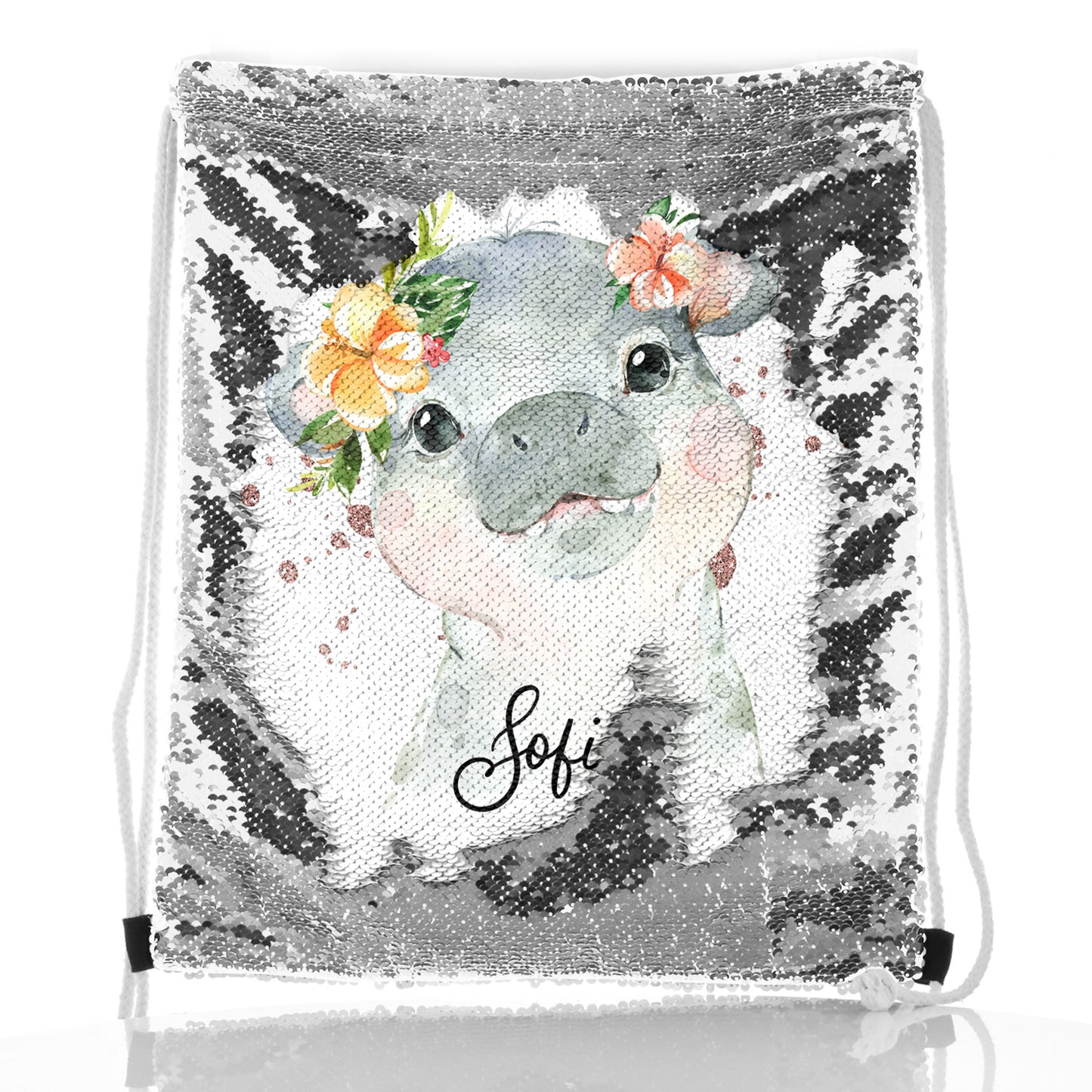 Personalised Sequin Drawstring Backpack with Hippo Rain Drop Glitter Print and Cute Text