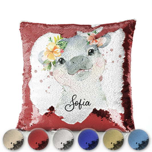 Personalised Sequin Cushion with Hippo Rain Drop Glitter Print and Cute Text