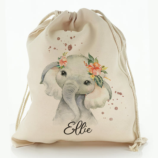 Personalised Canvas Sack with Elephant Rain Drop Glitter Print and Cute Text