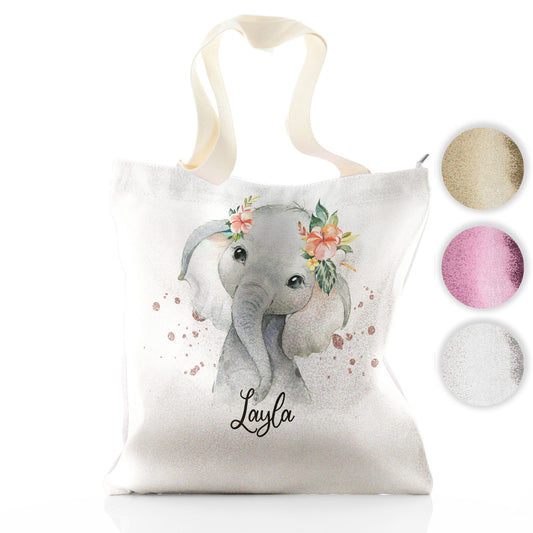 Personalised Glitter Tote Bag with Elephant Rain Drop Glitter Print and Cute Text
