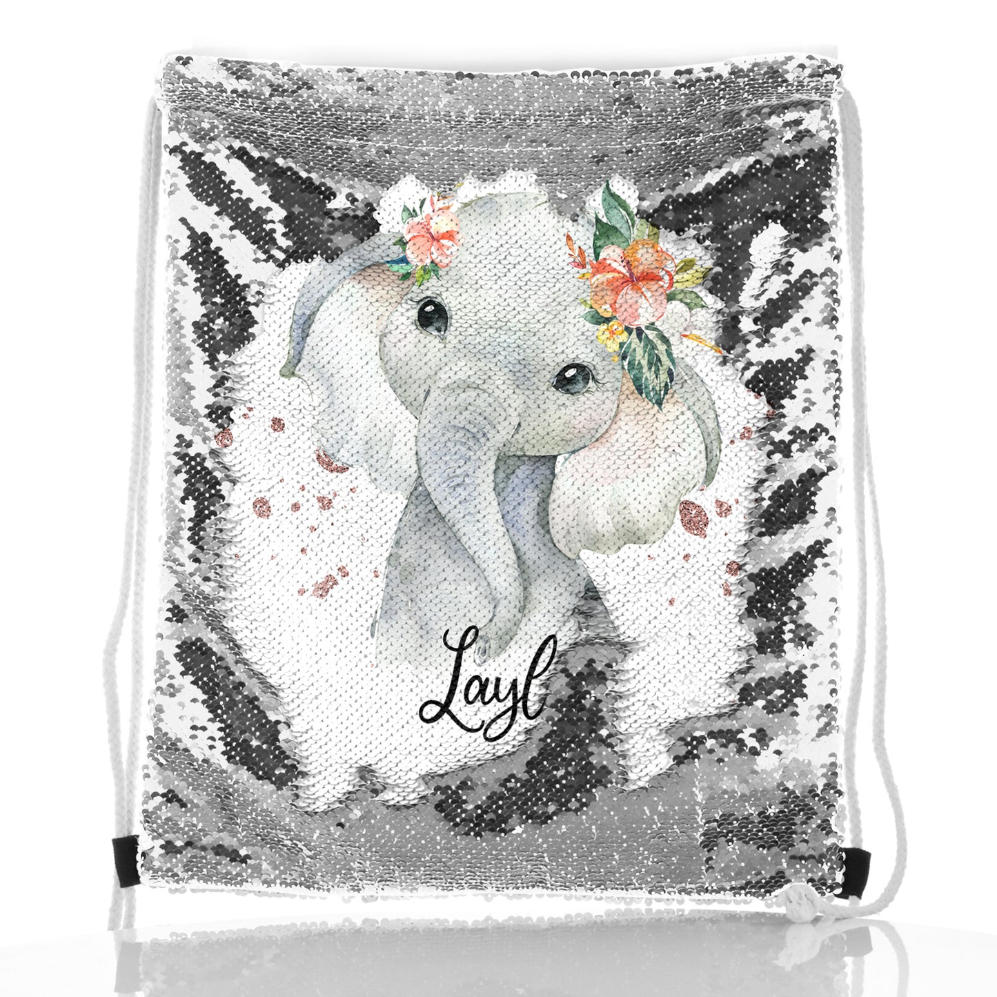 Personalised Sequin Drawstring Backpack with Elephant Rain Drop Glitter Print and Cute Text