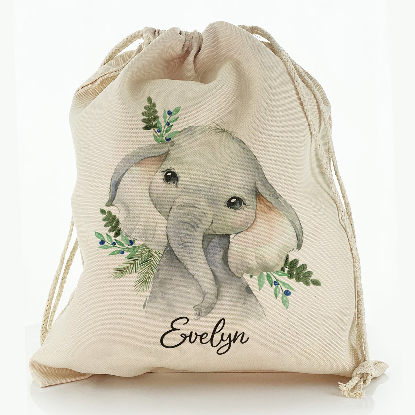 Personalised Canvas Sack with Elephant Blue Berries and Cute Text
