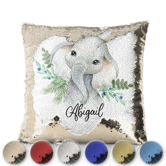 Personalised Sequin Cushion with Elephant Blue Berries and Cute Text
