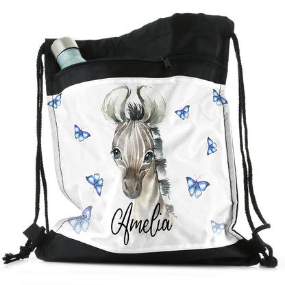 Personalised Zebra Blue Butterfly and Name Black Drawstring Backpack