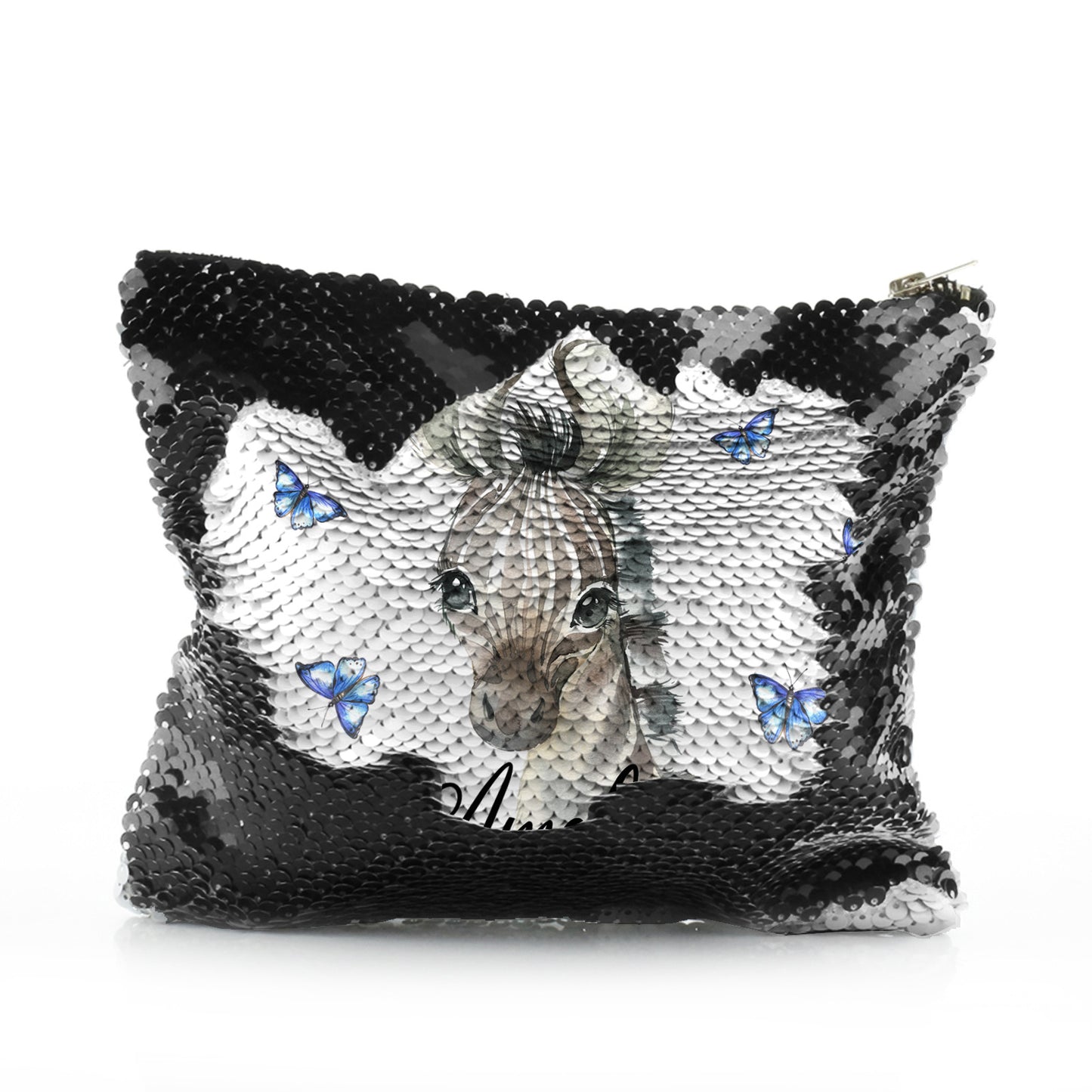 Personalised Sequin Zip Bag with Zebra Blue Butterfly and Cute Text
