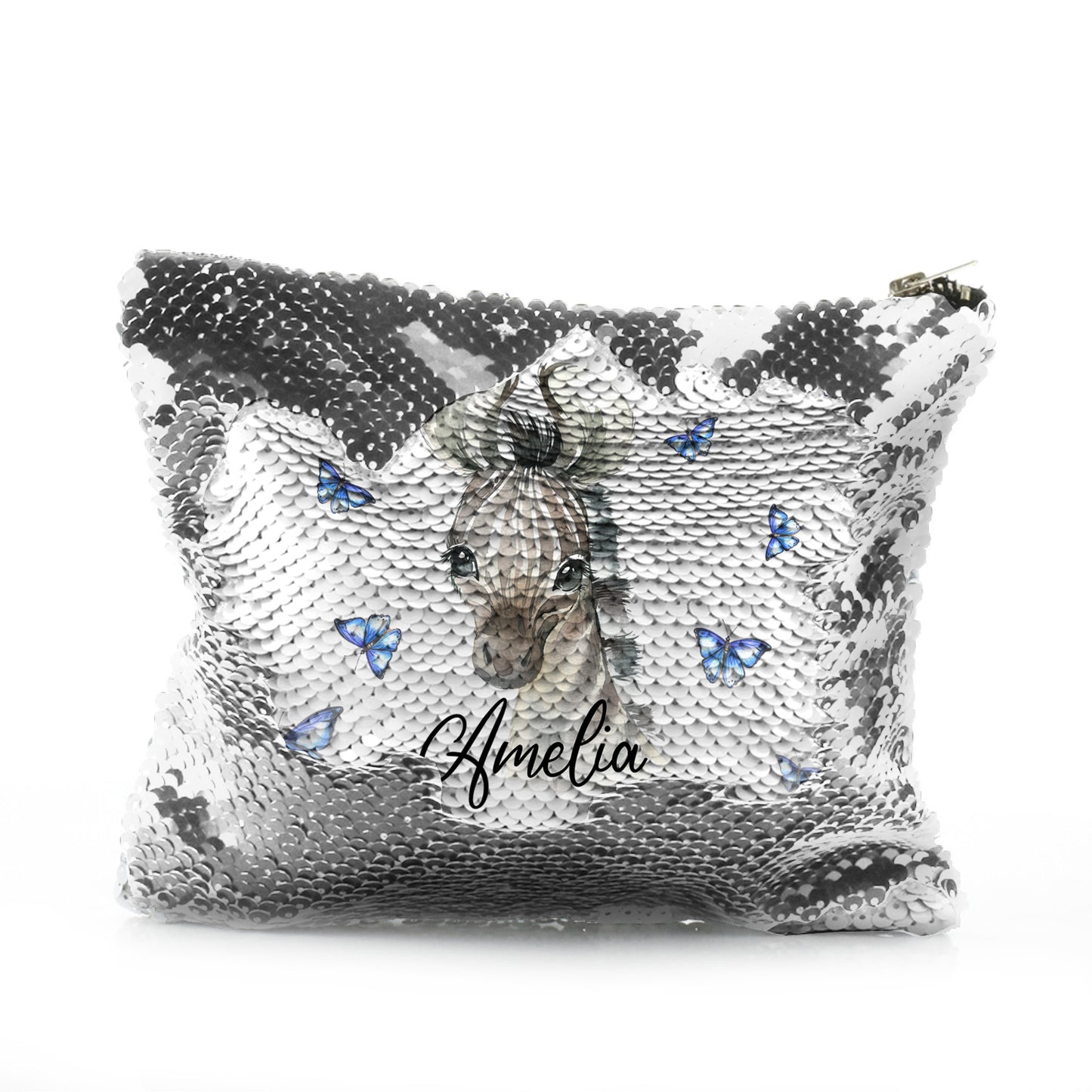 Personalised Sequin Zip Bag with Zebra Blue Butterfly and Cute Text