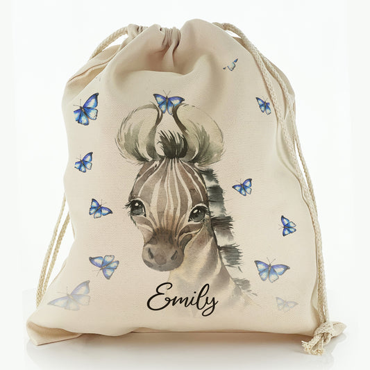 Personalised Canvas Sack with Zebra Blue Butterfly and Cute Text
