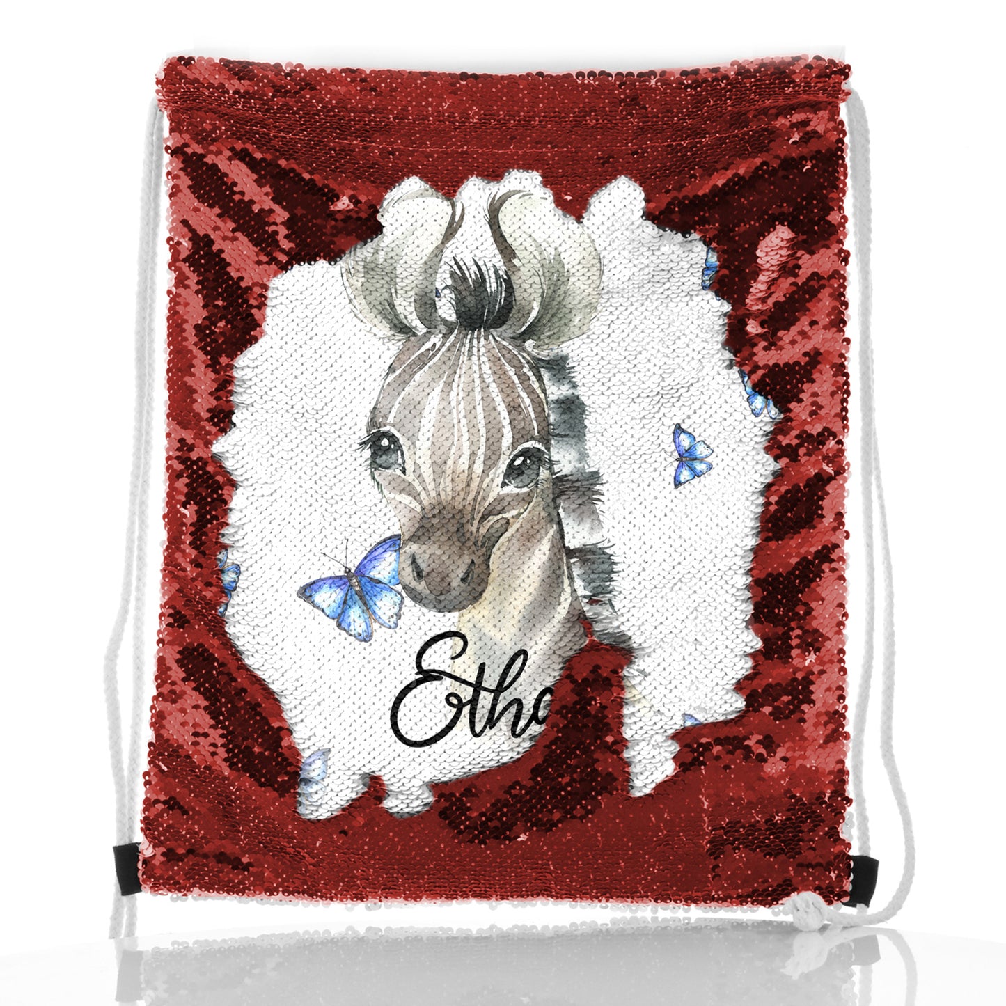 Personalised Sequin Drawstring Backpack with Zebra Blue Butterfly and Cute Text