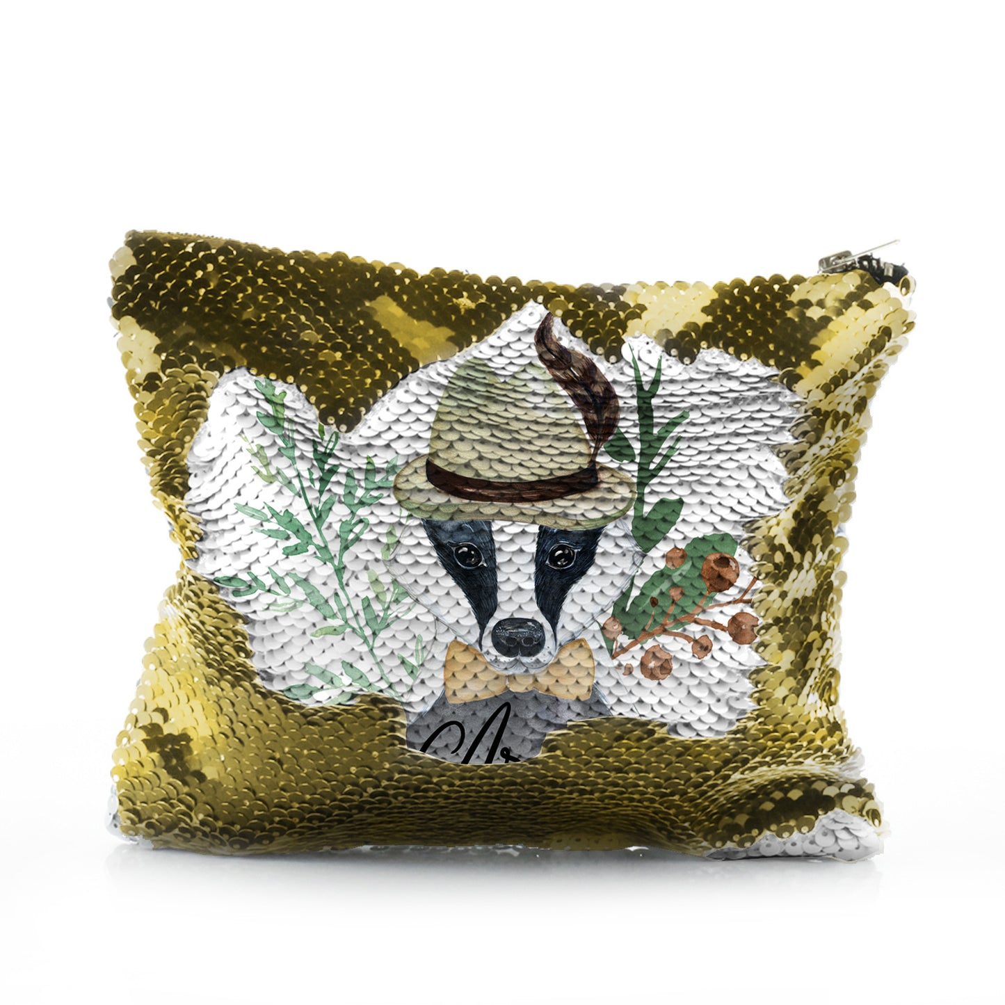 Personalised Sequin Zip Bag with Badger Feather Hat and Cute Text