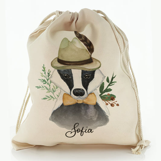 Personalised Canvas Sack with Badger Feather Hat and Cute Text