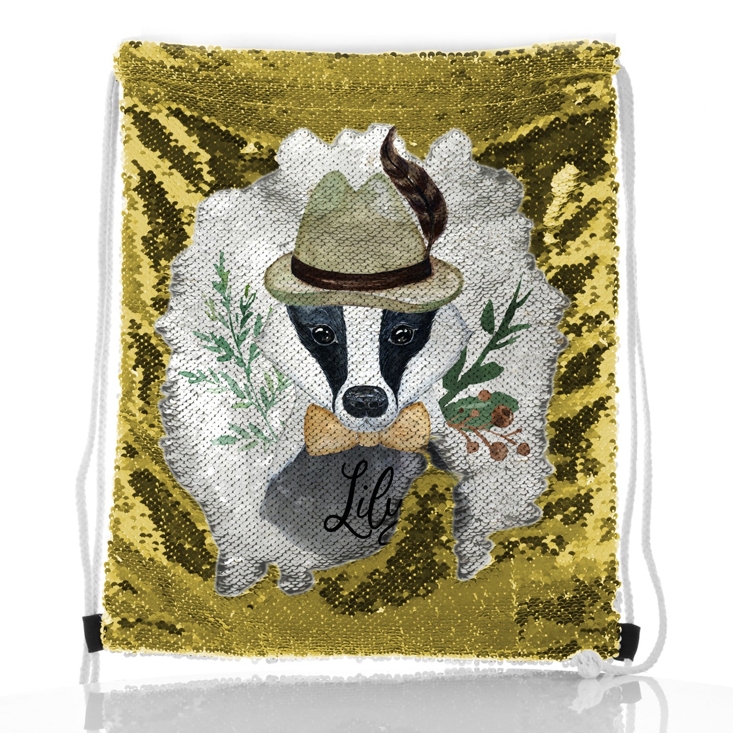 Personalised Sequin Drawstring Backpack with Badger Feather Hat and Cute Text