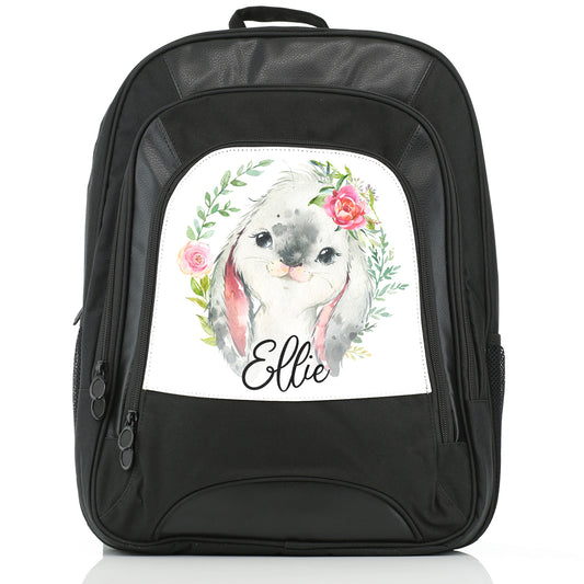 Personalised Large Multifunction Backpack with Grey Rabbit Flower Wreath and Cute Text