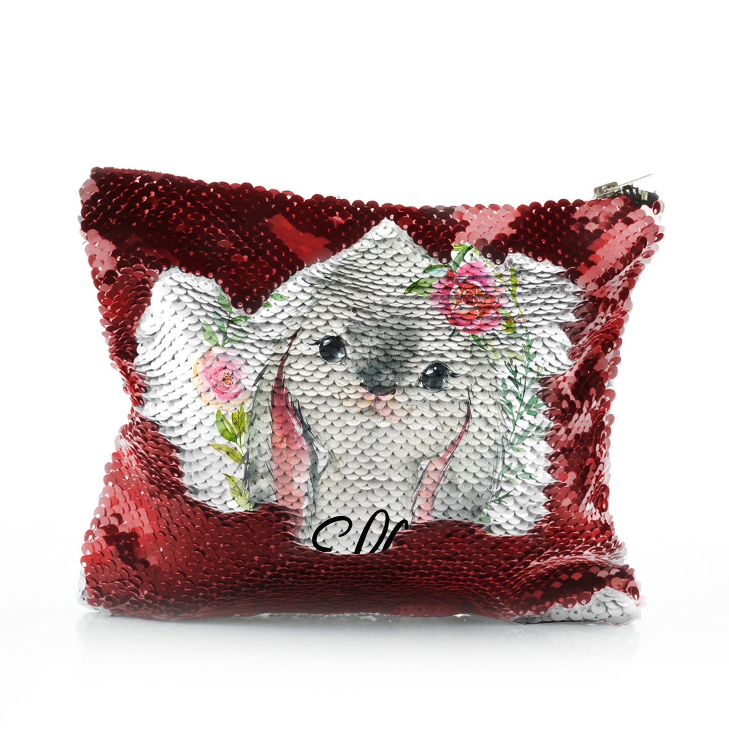Personalised Sequin Zip Bag with Grey Rabbit Flower Wreath and Cute Text