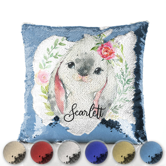 Personalised Sequin Cushion with Grey Rabbit Flower Wreath and Cute Text