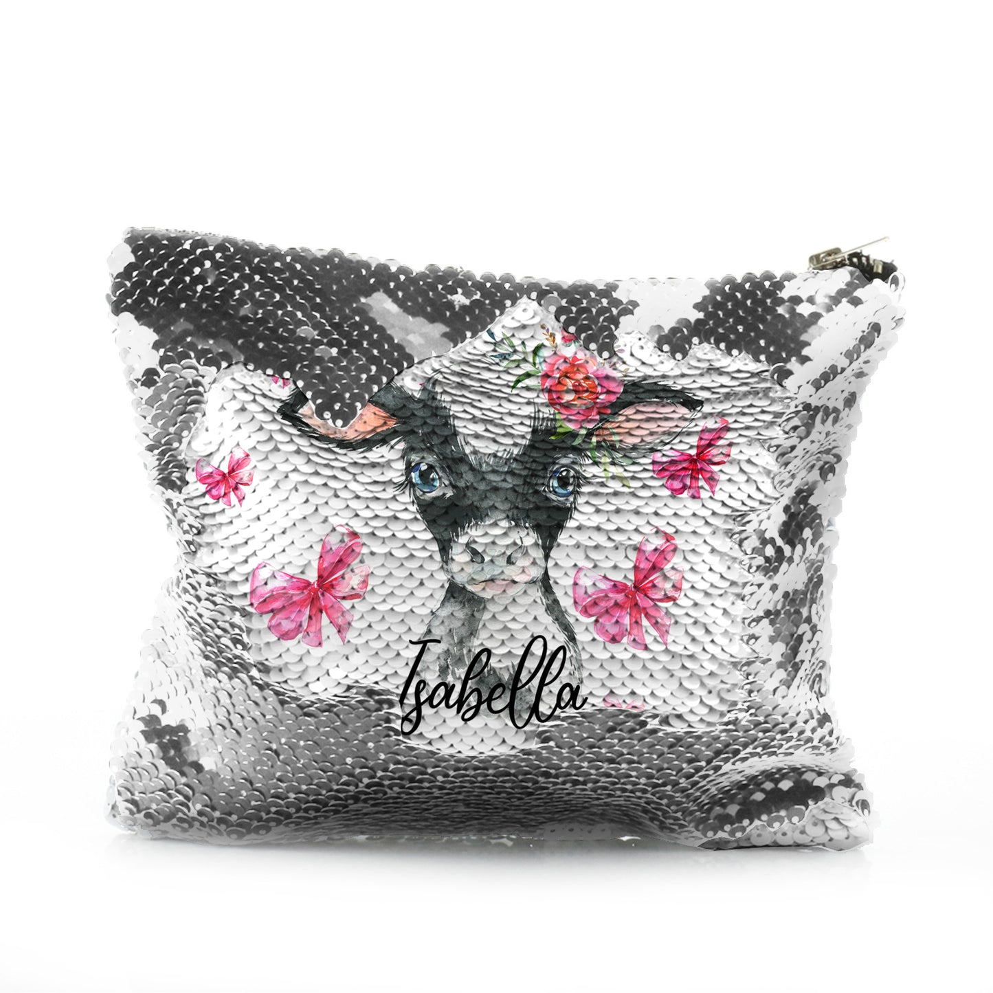 Personalised Sequin Zip Bag with Cow Pink Bows and Cute Text
