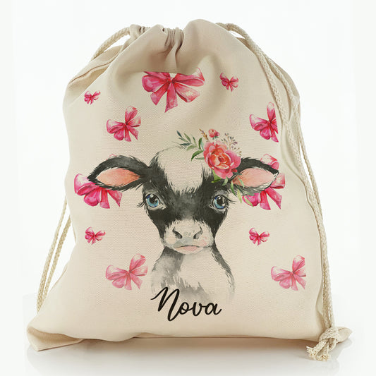 Personalised Canvas Sack with Cow Pink Bows and Cute Text