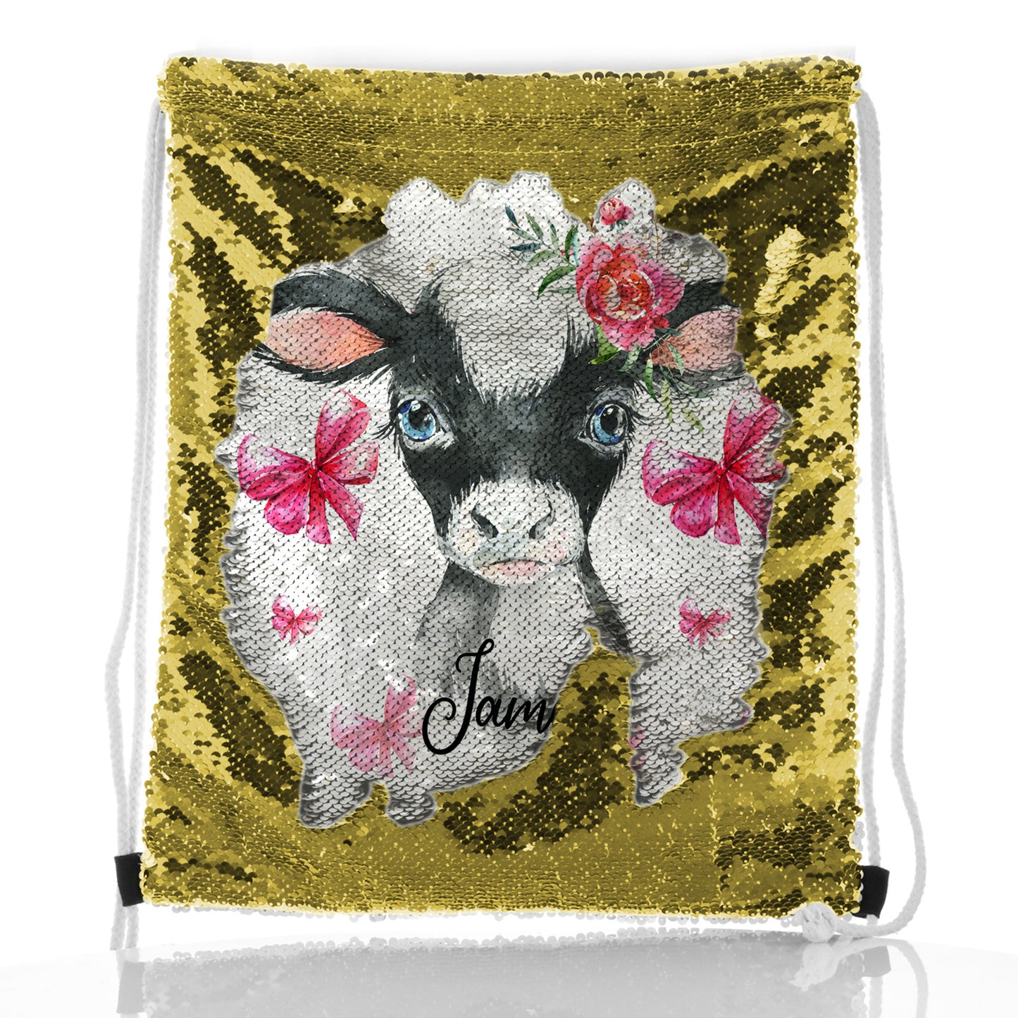 Personalised Sequin Drawstring Backpack with Cow Pink Bows and Cute Text