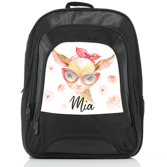 Personalised Large Multifunction Backpack with Goat Pink Glasses and Roses and Cute Text