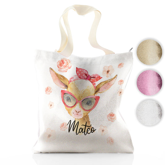 Personalised Glitter Tote Bag with Goat Pink Glasses and Roses and Cute Text