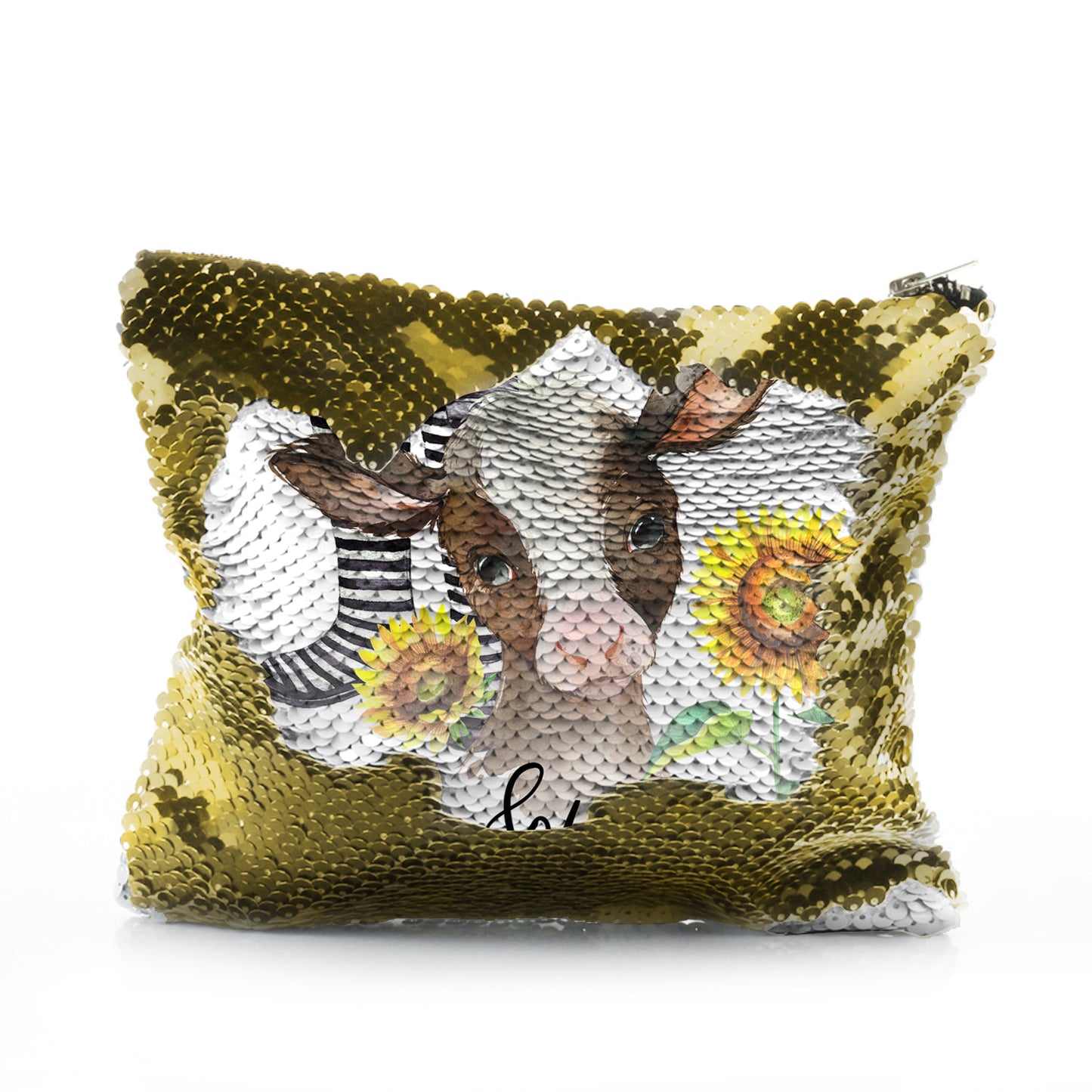 Personalised Sequin Zip Bag with Brown Cow Yellow Sunflowers and Cute Text