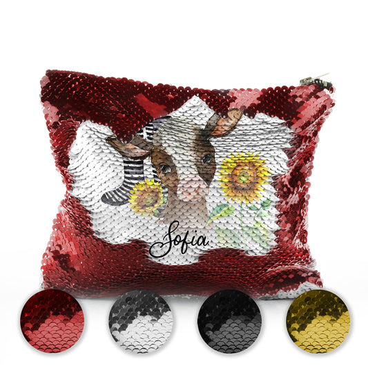 Personalised Sequin Zip Bag with Brown Cow Yellow Sunflowers and Cute Text