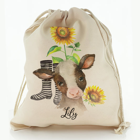 Personalised Canvas Sack with Brown Cow Yellow Sunflowers and Cute Text