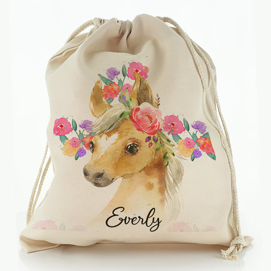 Personalised Canvas Sack with Palomino Horse Multicolour Flower Print and Cute Text