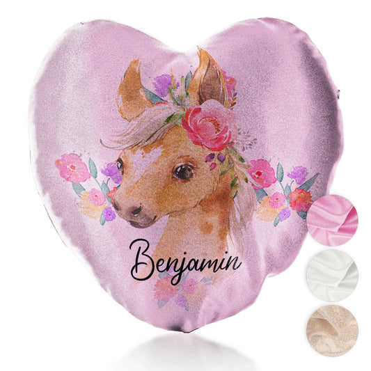 Personalised Glitter Heart Cushion with Palomino Horse Multicolour Flower Print and Cute Text